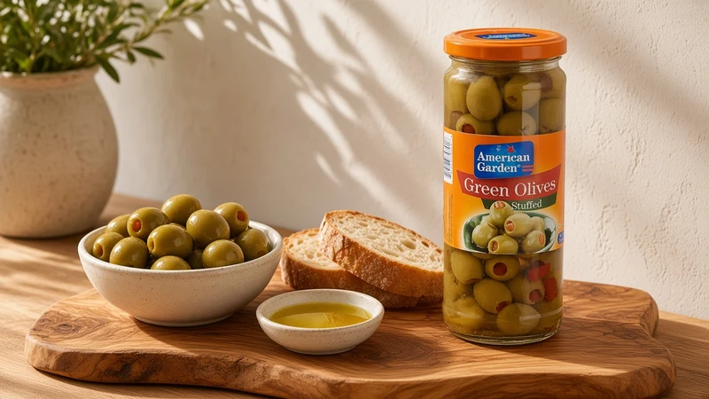 Mezze board with stuffed green olives, white cheese, cherry tomatoes and flatbread and a jar of American Garden Green Olives Stuffed