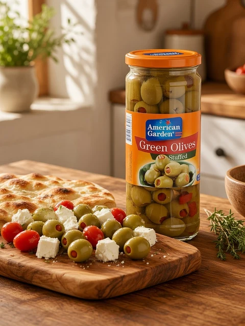 Mezze board with stuffed green olives, white cheese, cherry tomatoes and flatbread beside a jar of American Garden Green Olives Stuffed