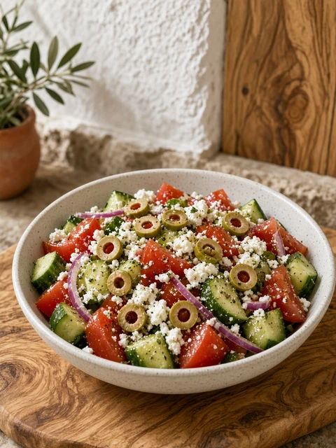 Bowl of salad with cucumber, tomato, onion, white cheese and sliced stuffed olives