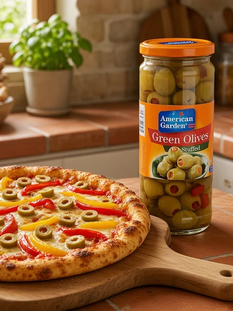 Vegetarian pizza with peppers and sliced stuffed green olives beside a jar of American Garden Green Olives Stuffed