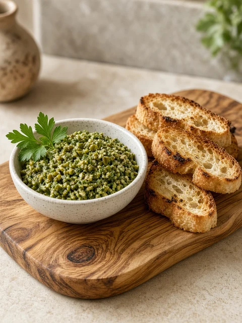 Bowl of green olive tapenade with toasted baguette slices