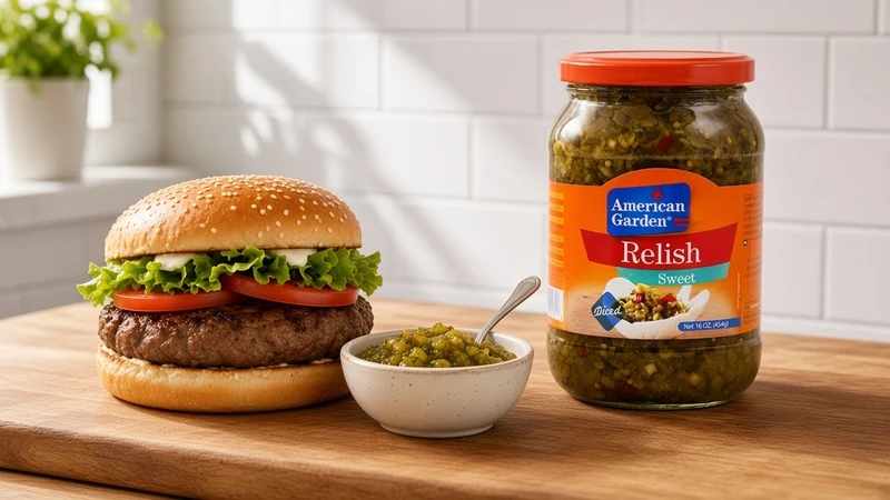 Beef cheeseburger topped with sweet relish, lettuce and tomato with fries and a jar of American Garden Sweet Relish