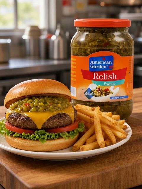 Beef cheeseburger topped with sweet relish, lettuce and tomato with fries beside a jar of American Garden Sweet Relish