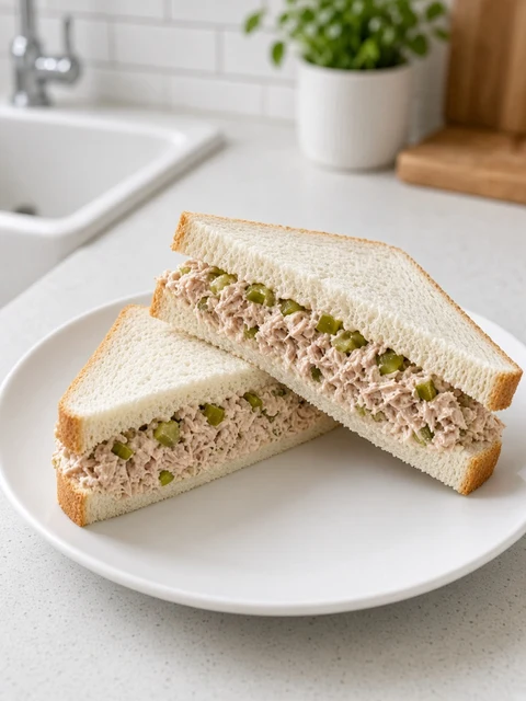 Tuna salad sandwich with diced relish on white bread