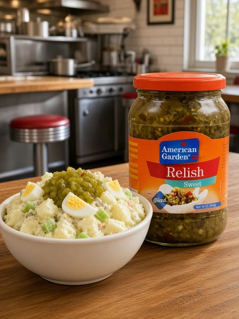 Bowl of potato salad with egg, celery and sweet relish beside a jar of American Garden Sweet Relish