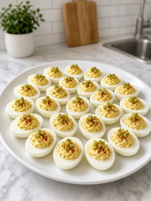 Platter of deviled eggs topped with diced relish and paprika
