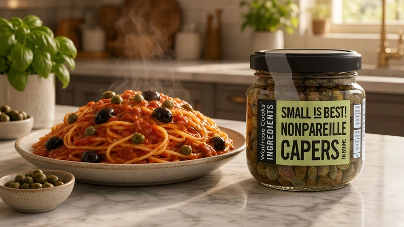 Plate of pan-fried chicken in lemon butter sauce with capers and a jar of Waitrose Cooks' Ingredients Nonpareille Capers