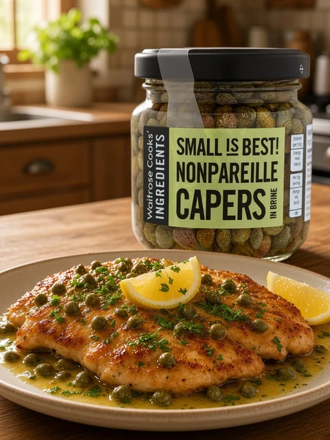 Plate of pan-fried chicken in lemon butter sauce with capers beside a jar of Waitrose Cooks' Ingredients Nonpareille Capers