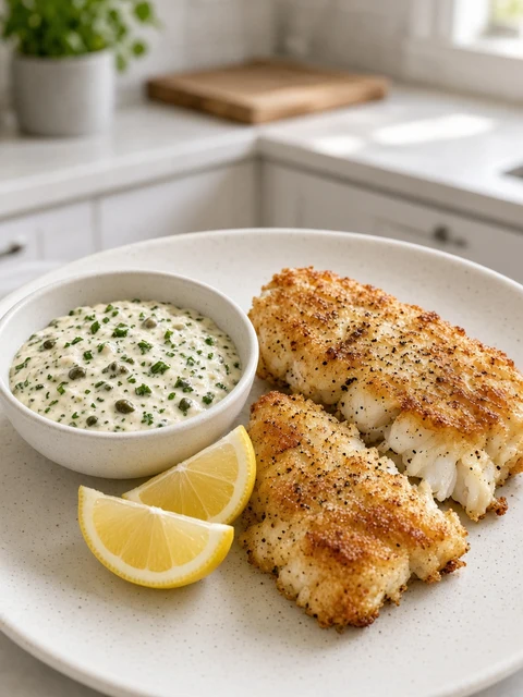 Bowl of tartare sauce with capers beside fried fish and lemon