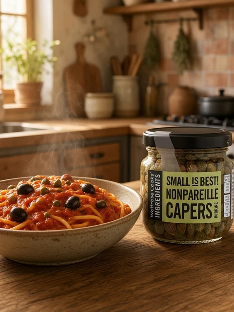 Bowl of spaghetti in tomato sauce with olives and capers beside a jar of Waitrose Cooks' Ingredients Nonpareille Capers