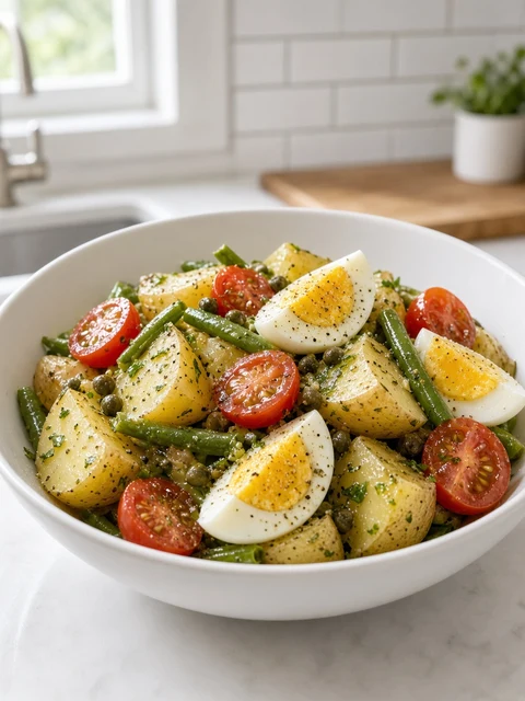 Bowl of potato, green bean and egg salad with capers