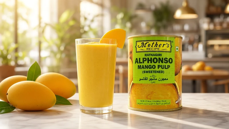 Tall tumbler of mango lassi with a mango slice and a can of Mother's Recipe Alphonso Mango Pulp