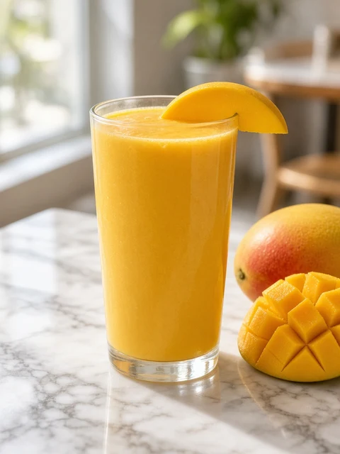 Tall tumbler of mango lassi with a mango slice
