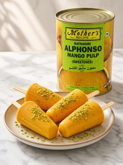 Plate of mango kulfi sticks with pistachios beside a can of Mother's Recipe Alphonso Mango Pulp