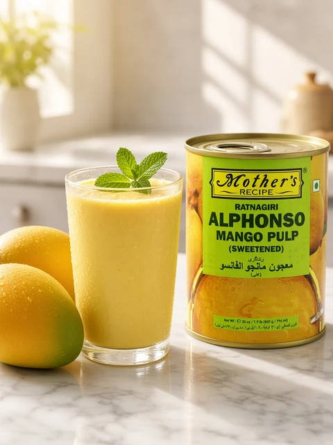 Tumbler of mango milkshake beside fresh mangoes beside a can of Mother's Recipe Alphonso Mango Pulp