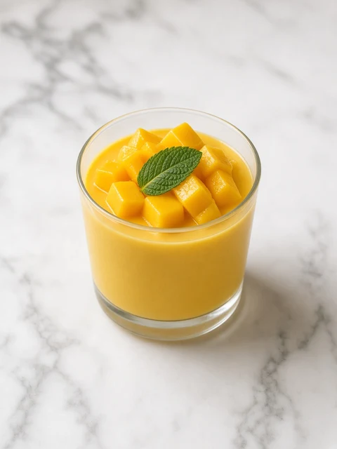 Glass cup of mango mousse topped with fresh mango cubes