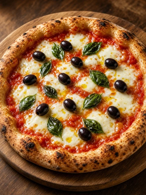 Margherita pizza topped with black olives