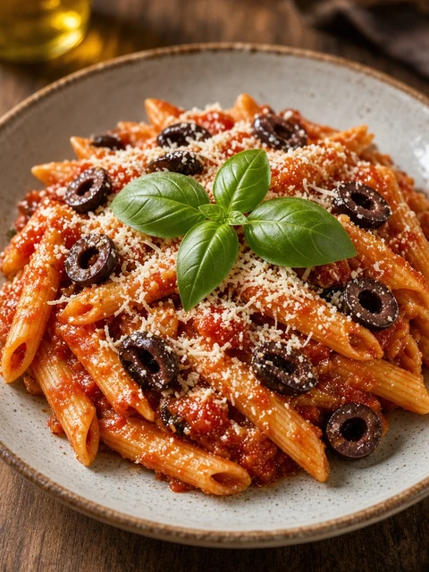 Penne pasta with tomato sauce and black olives