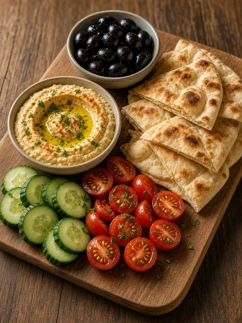 Mezze platter with black olives, hummus and flatbread