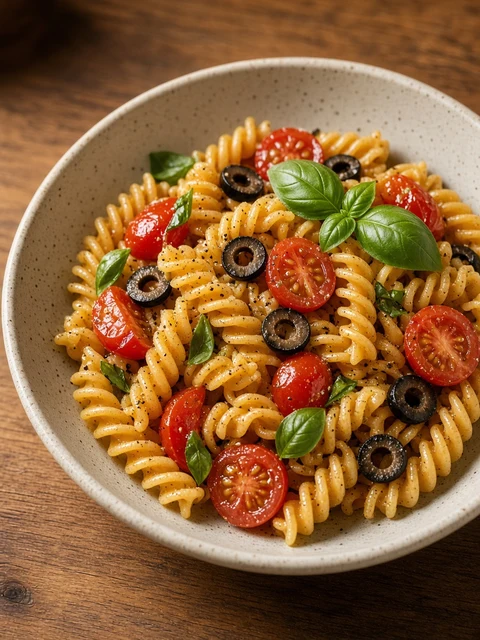 Fusilli pasta with sliced black olives and tomatoes