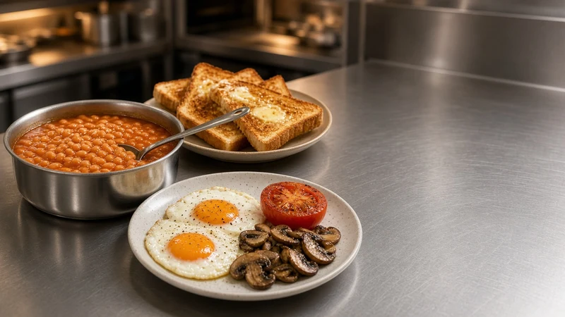 Breakfast plate with fried eggs, grilled tomato, mushrooms and baked beans