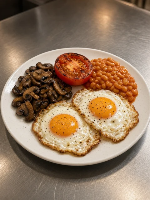 Breakfast plate with fried eggs, grilled tomato, mushrooms and baked beans