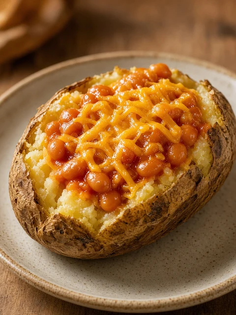Jacket potato topped with baked beans and grated cheese