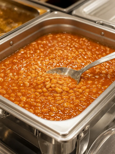 Steel buffet tray of hot baked beans