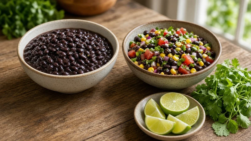 Bowl of black bean salad with corn, tomato and coriander