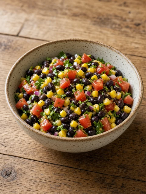 Bowl of black bean salad with corn, tomato and coriander