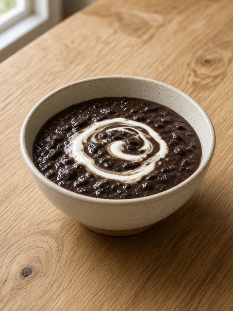 Bowl of black bean soup with a swirl of cream