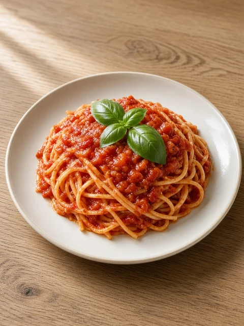 Plate of spaghetti in red tomato sauce with fresh basil