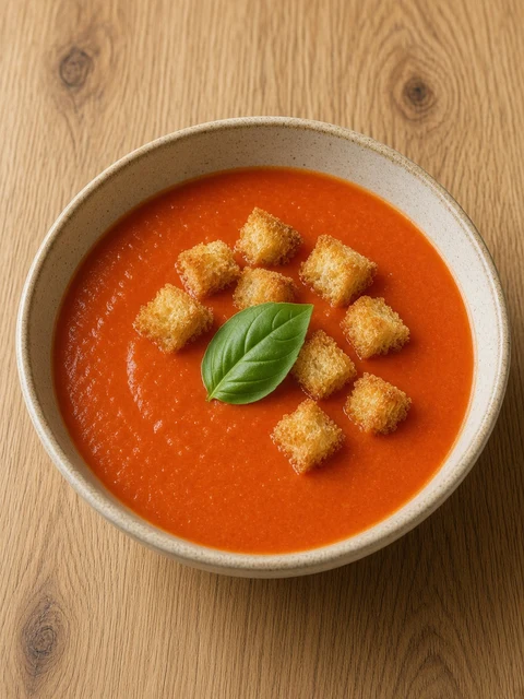 Bowl of tomato soup with a basil leaf and croutons