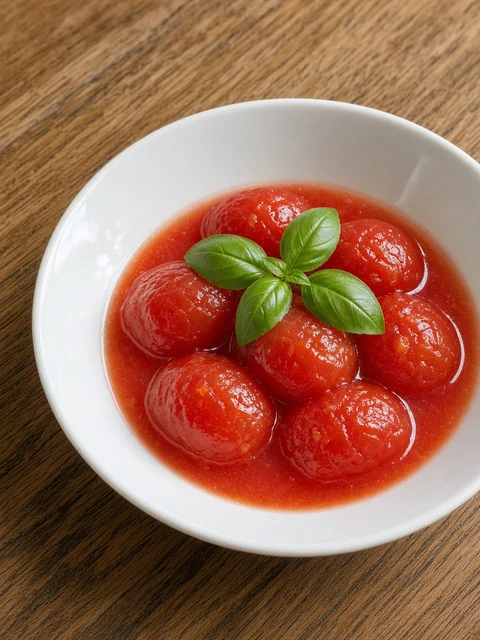 Bowl of whole peeled plum tomatoes in their juice