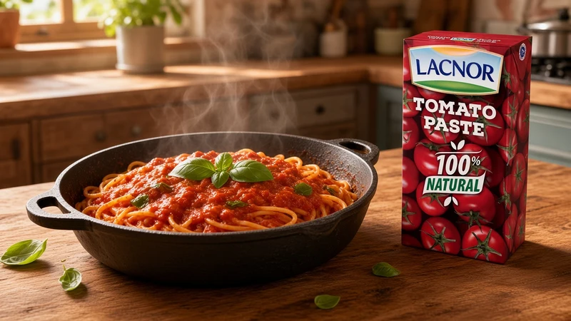 Pot of chicken stew in thick tomato sauce and a carton of Lacnor Tomato Paste