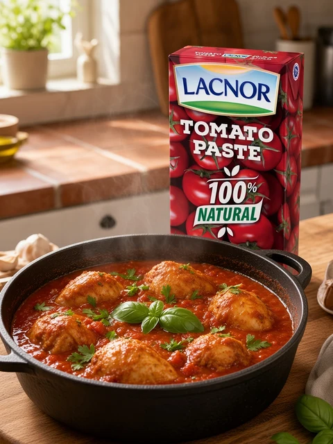 Pot of chicken stew in thick tomato sauce beside a carton of Lacnor Tomato Paste