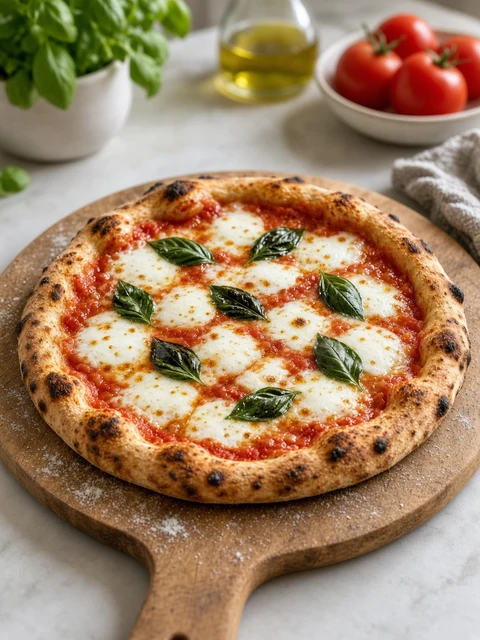 Margherita pizza with tomato base, mozzarella and basil on a wooden peel
