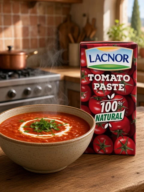 Bowl of red lentil and tomato soup with a swirl of yogurt and parsley beside a carton of Lacnor Tomato Paste