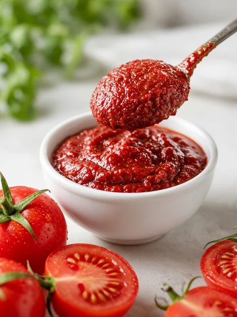 Spoonful of thick deep-red tomato paste over a small white bowl