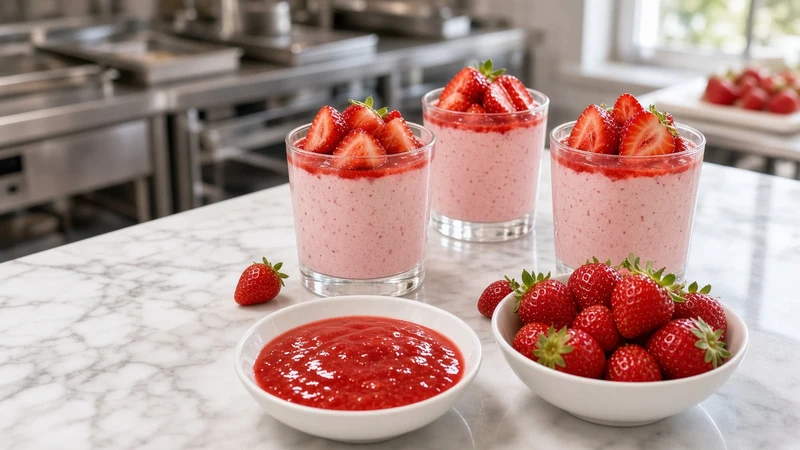 Glass of pale pink strawberry mousse topped with fresh strawberries