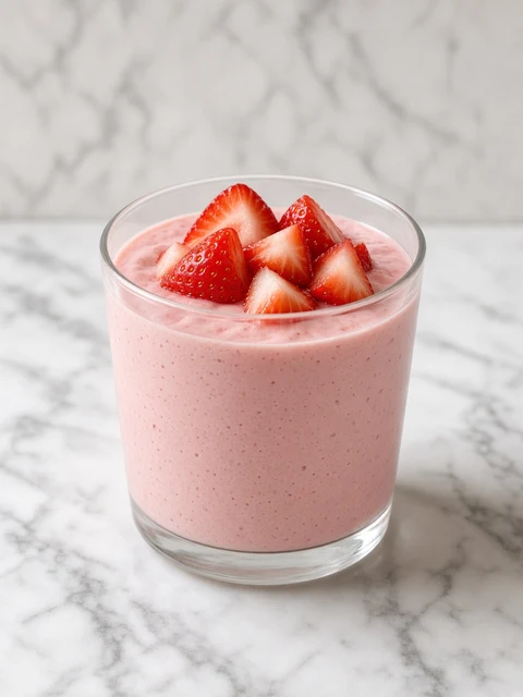Glass of pale pink strawberry mousse topped with fresh strawberries