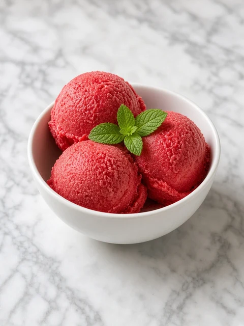 Scoops of red strawberry sorbet in a white bowl with mint