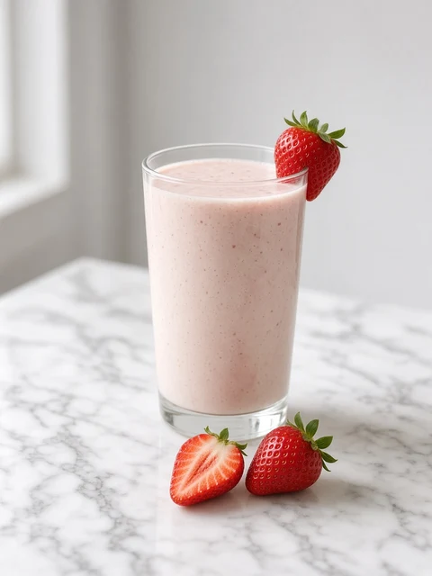 Straight tumbler of strawberry milk smoothie with a fresh strawberry