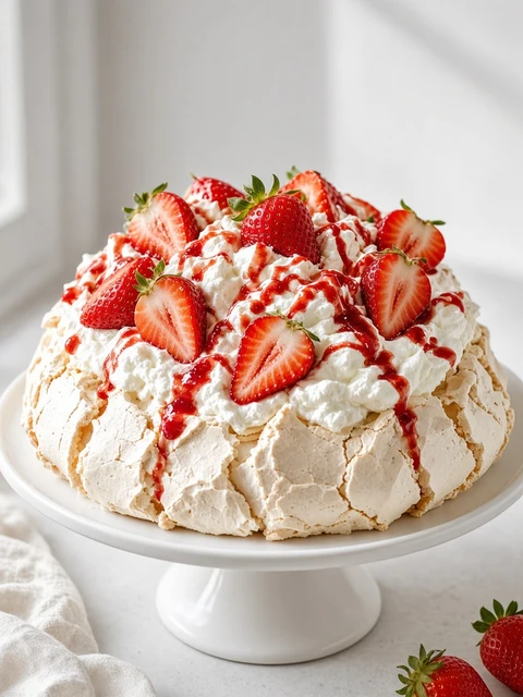 Pavlova topped with cream, strawberries and strawberry sauce