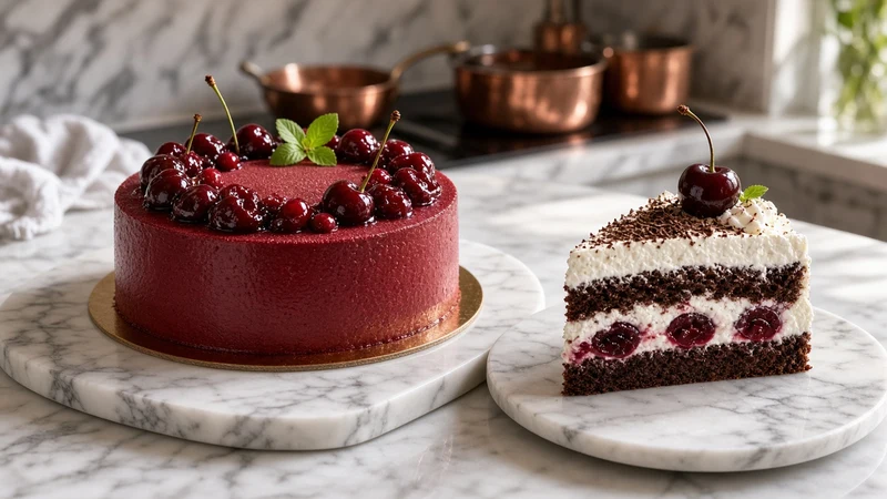 Glossy morello cherry mousse cake on a marble slab