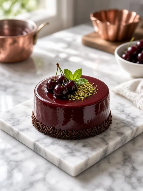 Glossy morello cherry mousse cake on a marble slab