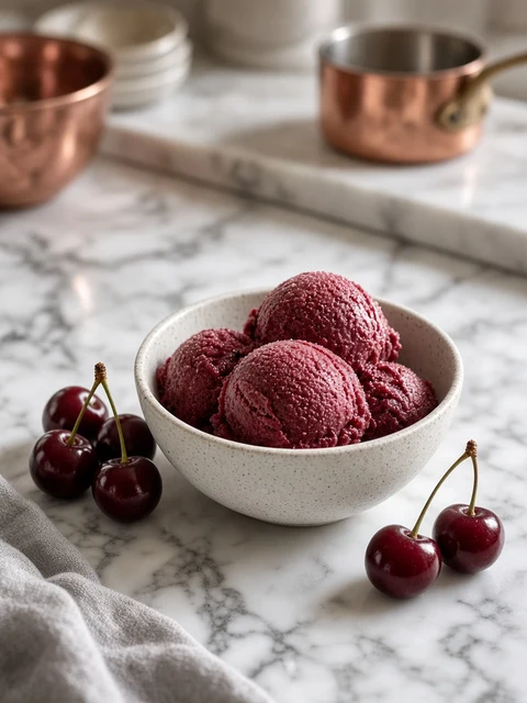 Scoops of deep red cherry sorbet in a bowl