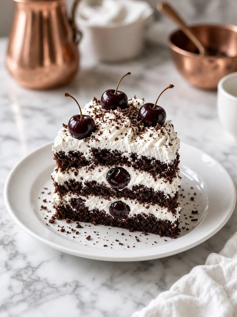Slice of black forest gateau with cherries and cream