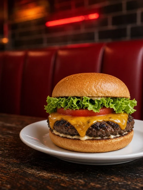 Beef cheeseburger with dill pickle slices and fries