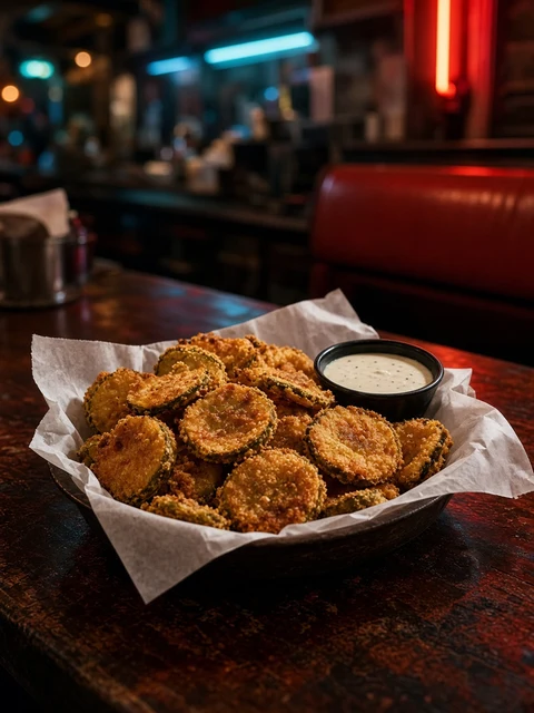 Basket of crispy fried pickle chips with ranch dip